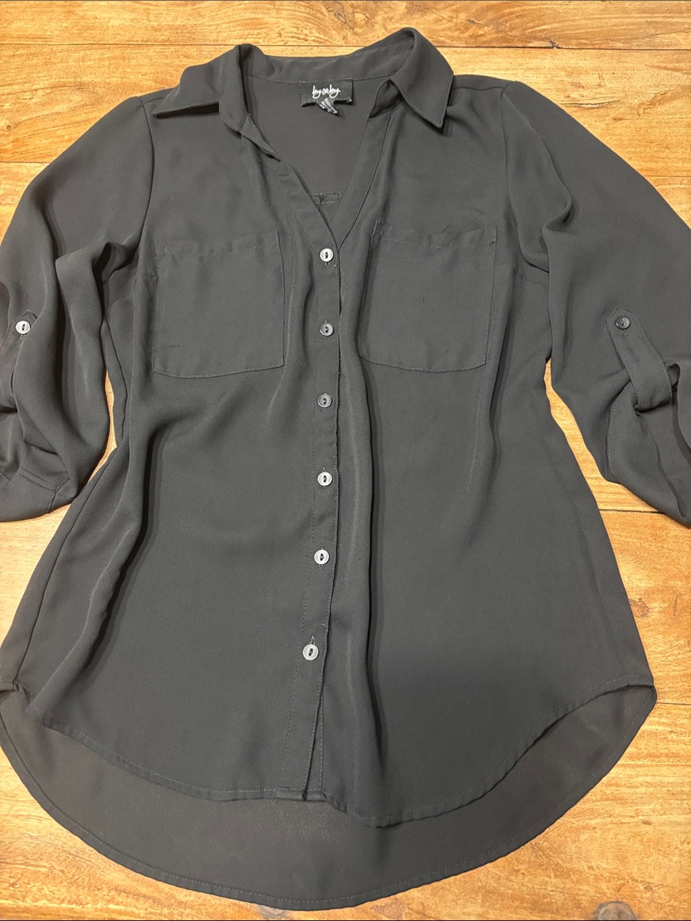 by & by Black Button-Front Shirt with Roll-Tab Sleeves Size XS